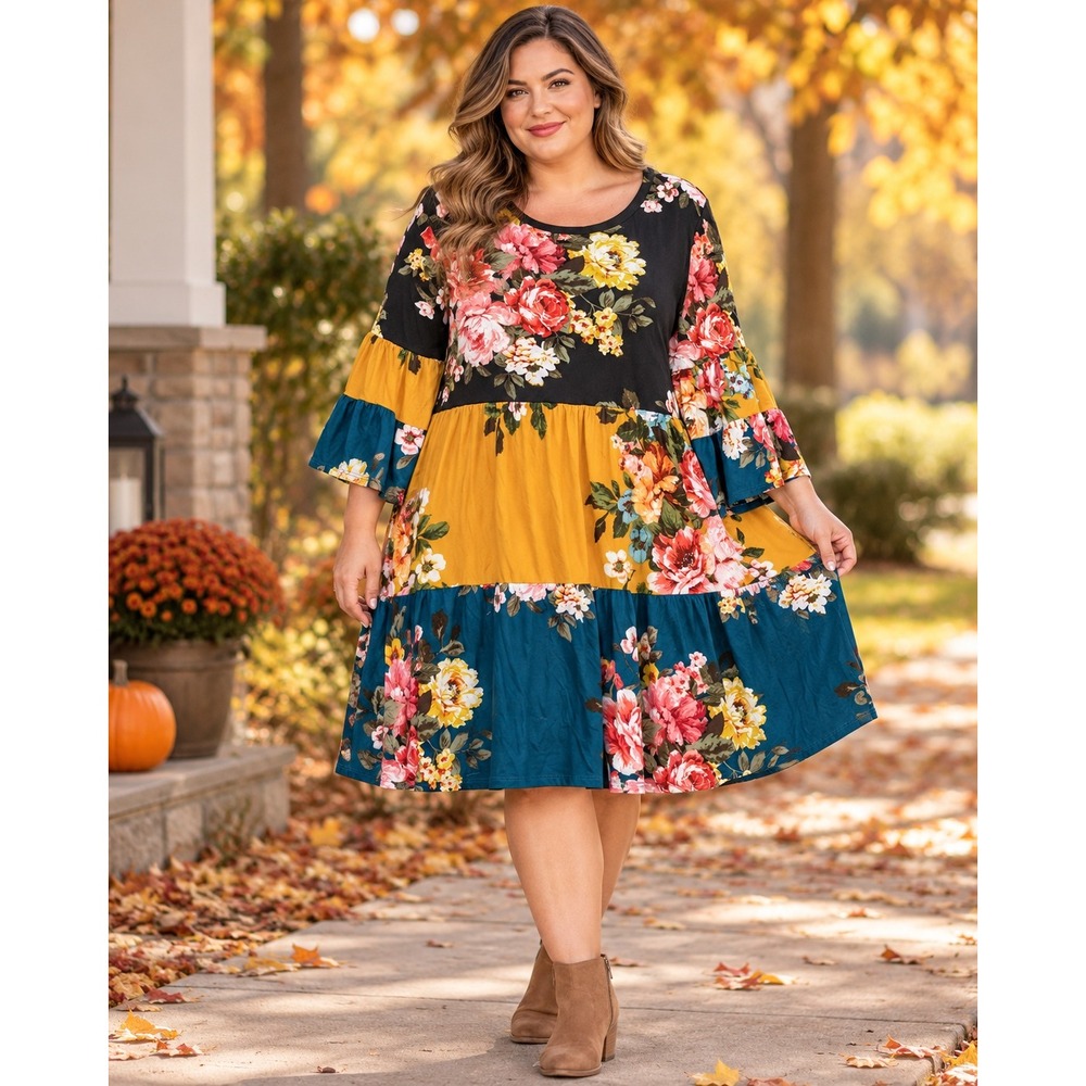 ODDI 2XL Floral Tiered Colorblock Bell Sleeve Dress Black Mustard Peasant Boho